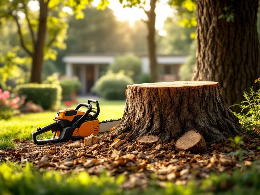 Vers gezaagde boomstronk in verzorgde Almere tuin met netjes gestapeld brandhout, professionele kettingzaag en houtsnippers in bloembed onder gefilterd zonlicht.