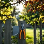 Boomtakken over een schutting tussen twee tuinen in Almere, met snoeischaar en zaag op de post. Herfstbladeren en zonlicht tonen grensverantwoordelijkheid.