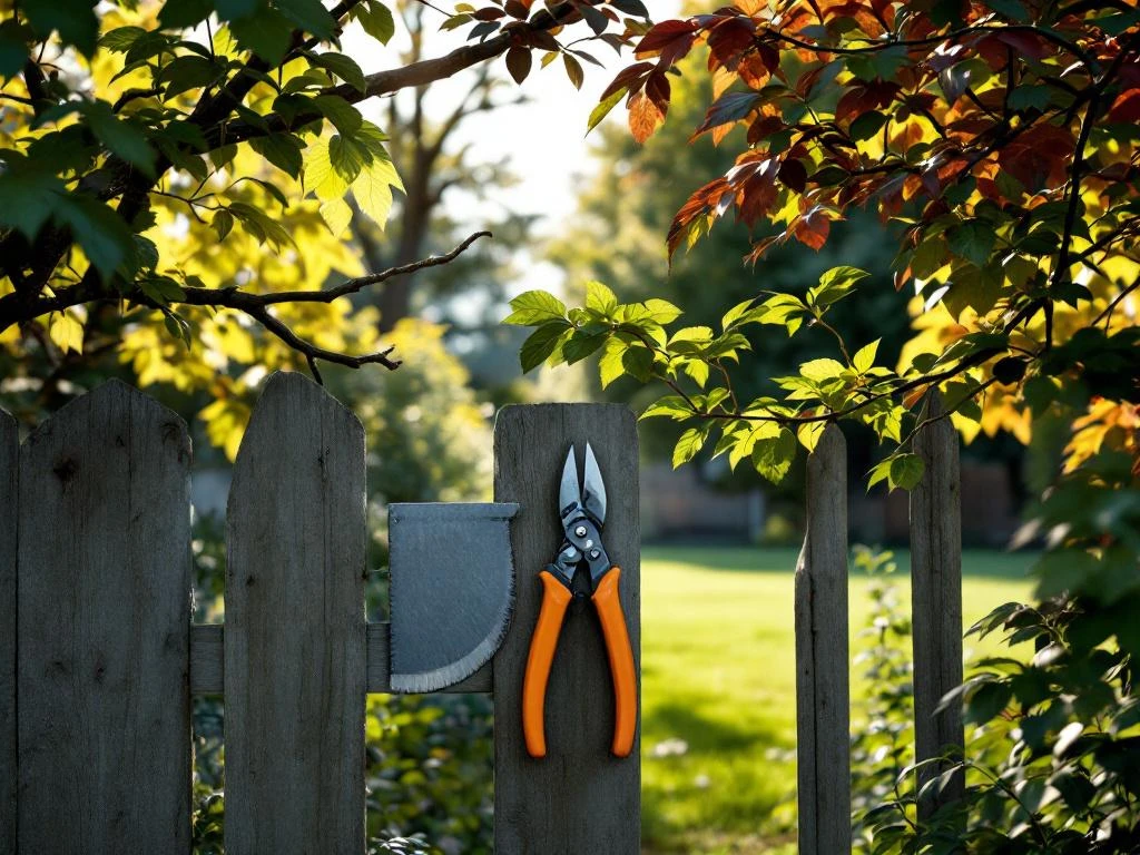 Boomtakken over een schutting tussen twee tuinen in Almere, met snoeischaar en zaag op de post. Herfstbladeren en zonlicht tonen grensverantwoordelijkheid.