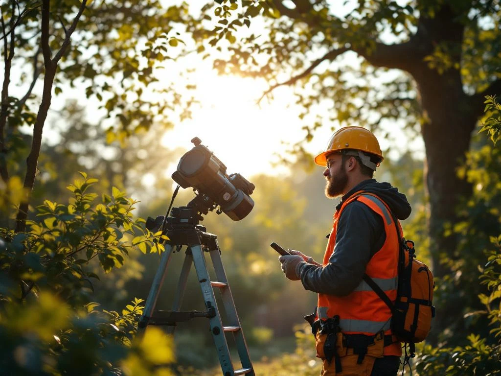 Boomveiligheidscontroleur inspecteert volwassen boom met meetapparatuur in een tuin in Almere, met veiligheidsuitrusting en gereedschapskoffer.