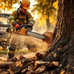 Boomverzorger in veiligheidsuitrusting zaagt boomstam met kettingzaag in herfsttuin in Almere, met houtsnippers in gouden licht en bedrijfswagen nabij.