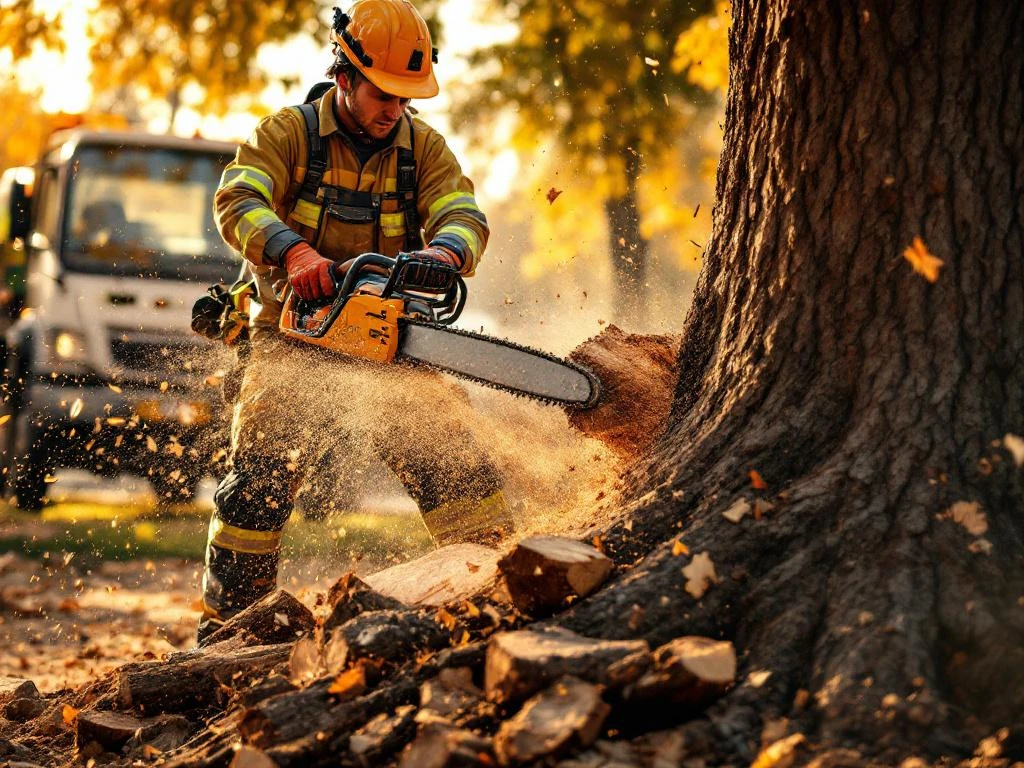 Boomverzorger in veiligheidsuitrusting zaagt boomstam met kettingzaag in herfsttuin in Almere, met houtsnippers in gouden licht en bedrijfswagen nabij.