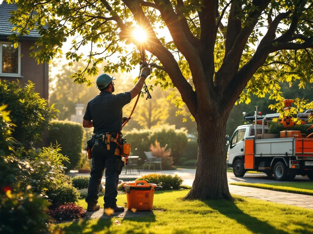 Professionele boomverzorger in Almere snoeit een volwassen boom in een verzorgde tuin met specialistische apparatuur en een net werkterrein.