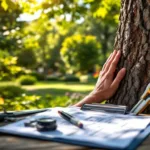 Professionele boomverzorger onderzoekt boomstam met meetinstrumenten in een zonnige tuin, terwijl beoordelingsformulieren op een houten tafel liggen.