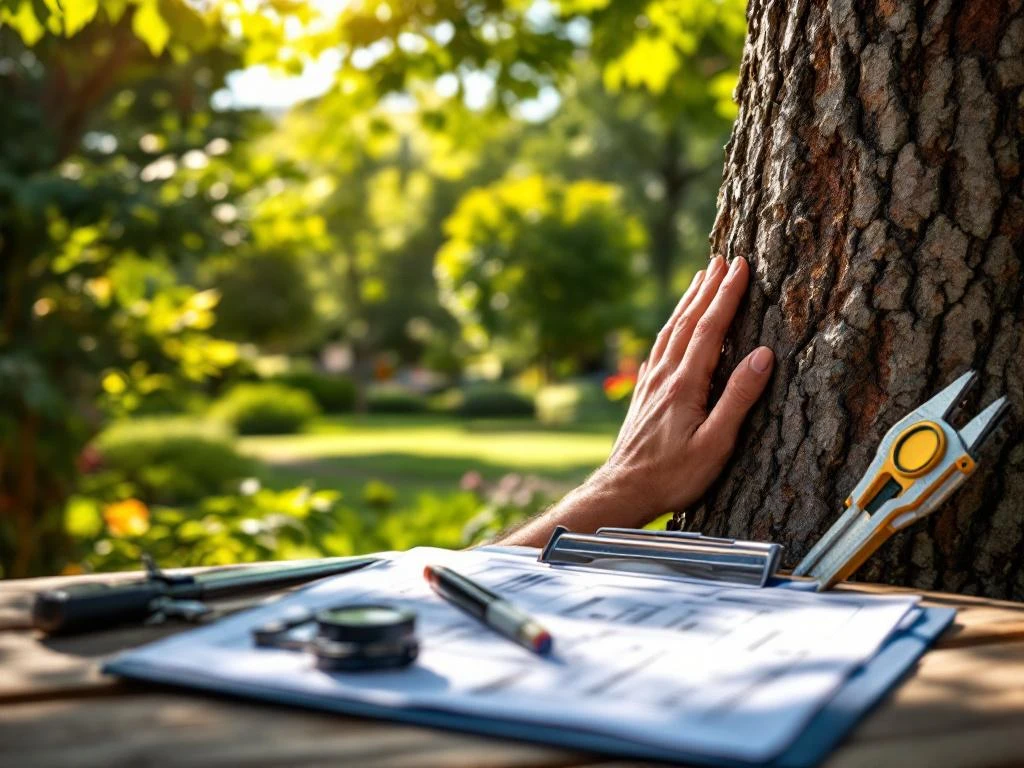 Professionele boomverzorger onderzoekt boomstam met meetinstrumenten in een zonnige tuin, terwijl beoordelingsformulieren op een houten tafel liggen.