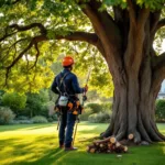 Boomverzorger in oranje veiligheidshelm klimt in een eik in een verzorgde Nederlandse tuin met gereedschap en uitzicht op Almere.