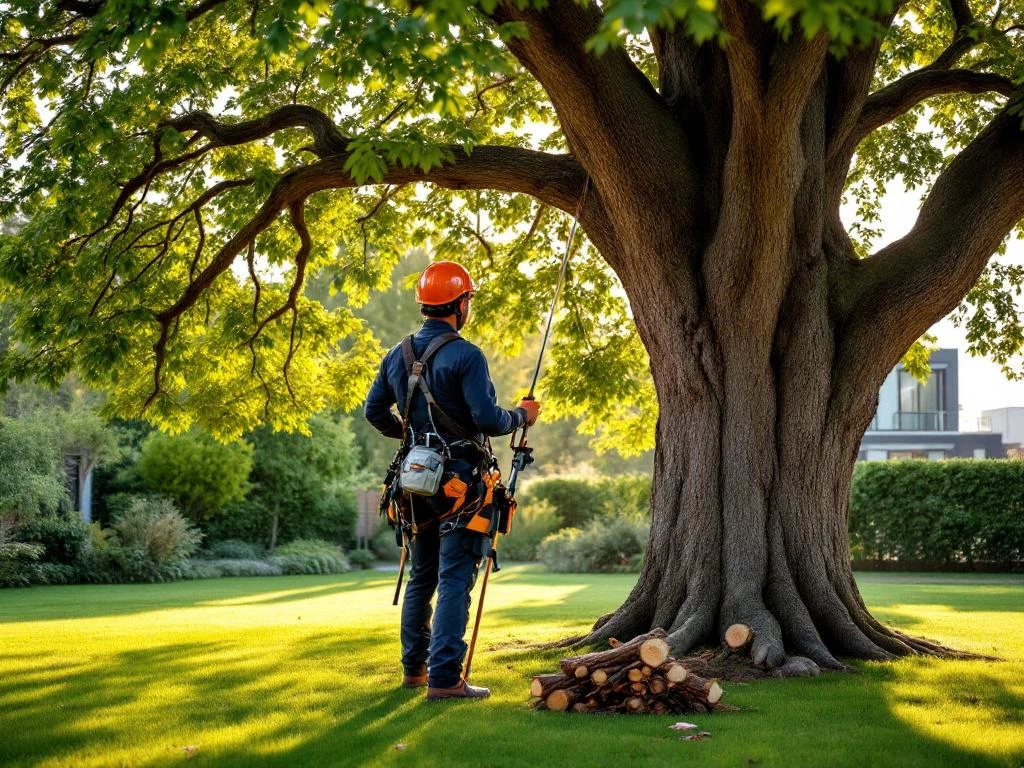 Boomverzorger in oranje veiligheidshelm klimt in een eik in een verzorgde Nederlandse tuin met gereedschap en uitzicht op Almere.