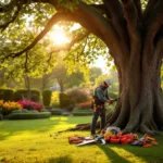 Handen van boomverzorger onderzoeken eikenboom in verzorgde Nederlandse tuin, met professioneel gereedschap en warme namiddagzon.