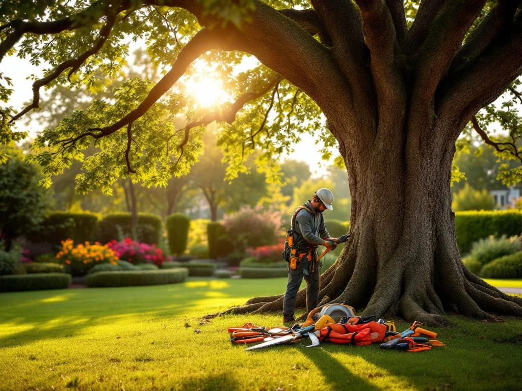 Handen van boomverzorger onderzoeken eikenboom in verzorgde Nederlandse tuin, met professioneel gereedschap en warme namiddagzon.