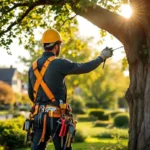 Professionele boomverzorger in veiligheidsuitrusting snoeit zorgvuldig een eikenboom in een verzorgde tuin in Almere, badend in warm middaglicht.