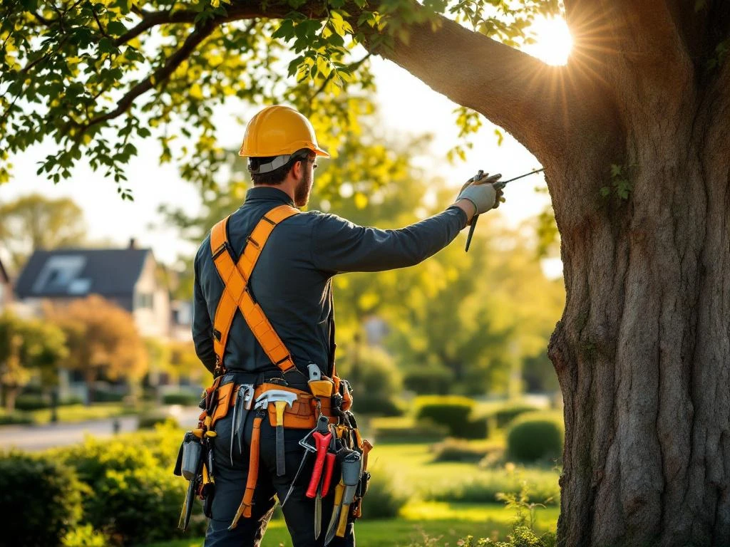 Professionele boomverzorger in veiligheidsuitrusting snoeit zorgvuldig een eikenboom in een verzorgde tuin in Almere, badend in warm middaglicht.