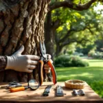 Vakkundige handen onderzoeken eikenschors in zonlicht, met professioneel gereedschap op hout. Op achtergrond een verzorgde tuin in Almere met gazons en bloembedden.