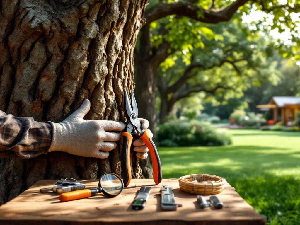 Vakkundige handen onderzoeken eikenschors in zonlicht, met professioneel gereedschap op hout. Op achtergrond een verzorgde tuin in Almere met gazons en bloembedden.