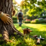 Professionele handen in tuinhandschoenen onderzoeken eikenstam, met arborist gereedschap op gras en kleurrijke tuin op achtergrond in zonlicht