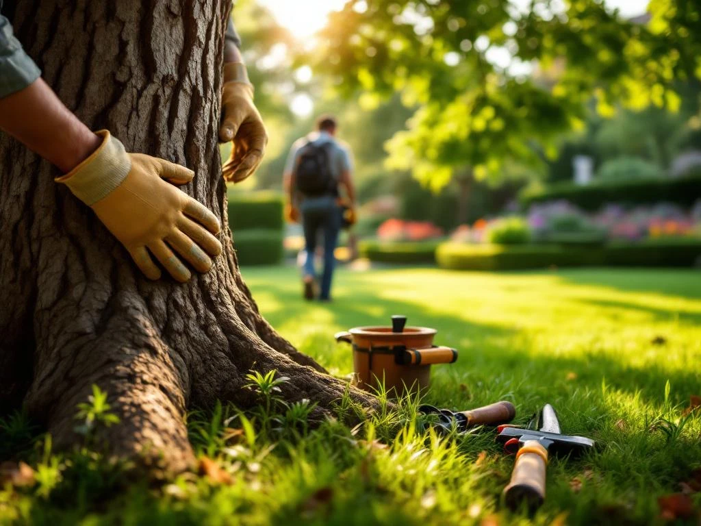 Professionele handen in tuinhandschoenen onderzoeken eikenstam, met arborist gereedschap op gras en kleurrijke tuin op achtergrond in zonlicht