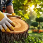 Arboristhanden onderzoeken doorsnede van eikenstam met zichtbare jaarringen, boomverzorgingsgereedschap in zonnige tuin in Almere.