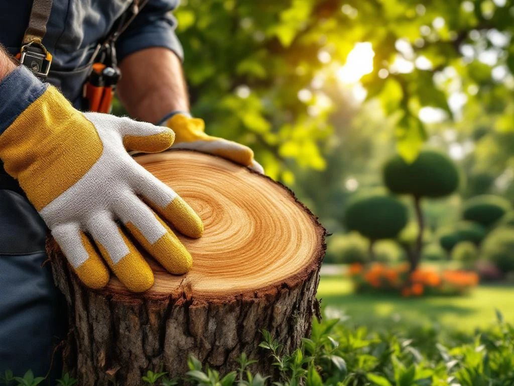 Arboristhanden onderzoeken doorsnede van eikenstam met zichtbare jaarringen, boomverzorgingsgereedschap in zonnige tuin in Almere.