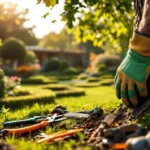 Boomverzorger met groene werkhandschoenen onderzoekt boomstam in verzorgde tuin te Almere, met professioneel gereedschap en Nederlandse landschapselementen in zonlicht.