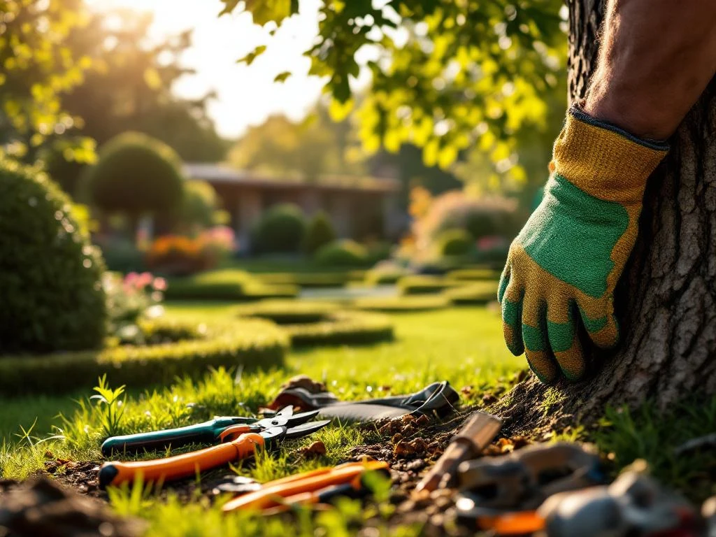 Boomverzorger met groene werkhandschoenen onderzoekt boomstam in verzorgde tuin te Almere, met professioneel gereedschap en Nederlandse landschapselementen in zonlicht.