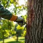 Professionele boomverzorger onderzoekt eikenstam met precisie-instrumenten, hangend aan klimuitrusting in een zonovergoten park met diverse gezonde bomen.