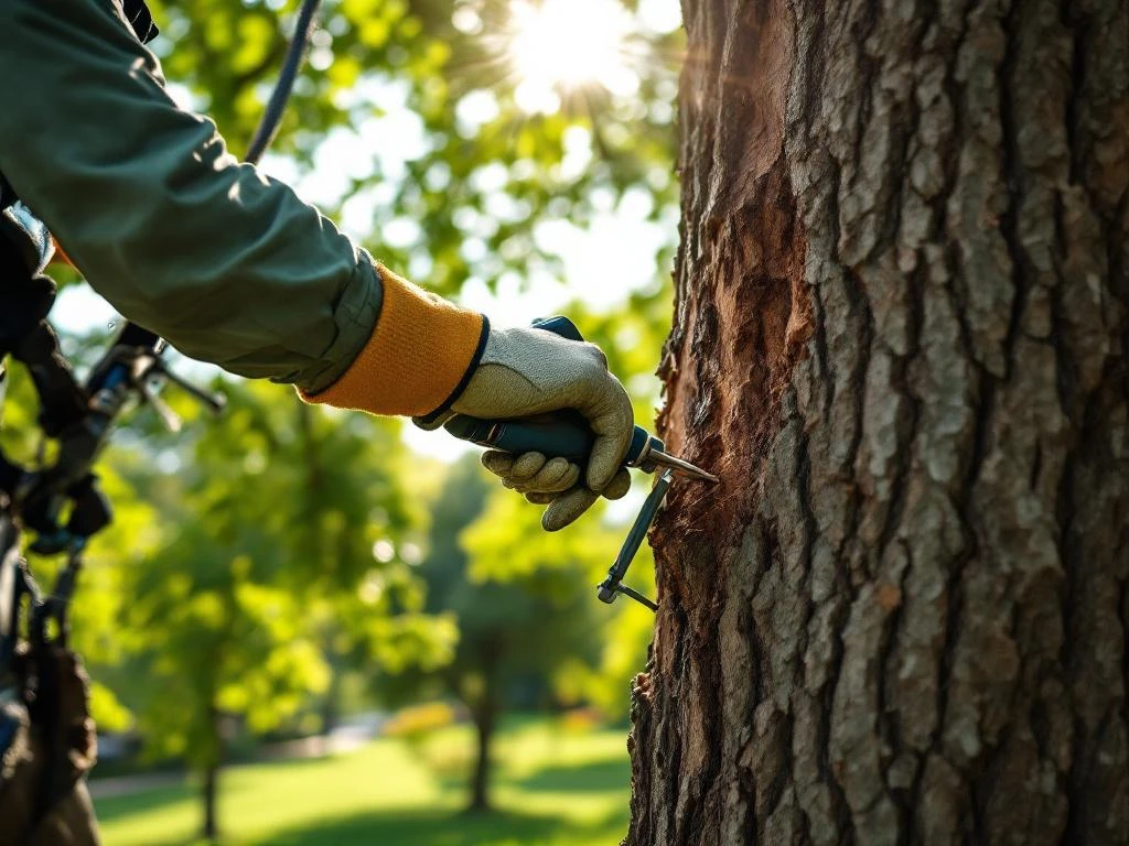 Professionele boomverzorger onderzoekt eikenstam met precisie-instrumenten, hangend aan klimuitrusting in een zonovergoten park met diverse gezonde bomen.