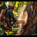 Professionele boomverzorger zaagt met kettingzaag door eikenstam in zonovergoten tuin in Almere, uitgerust met veiligheidsuitrusting.