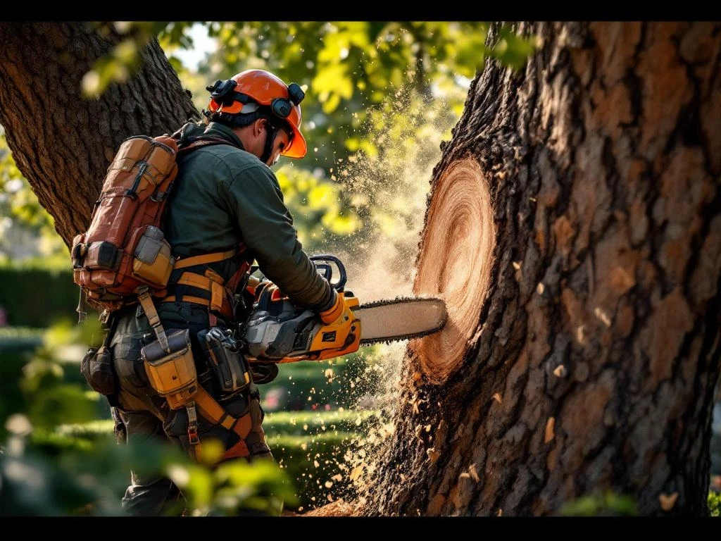 Professionele boomverzorger zaagt met kettingzaag door eikenstam in zonovergoten tuin in Almere, uitgerust met veiligheidsuitrusting.