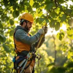 Boomverzorger in beschermende kleding snoeit vakkundig een tak in een grote boom, omringd door een verzorgde tuin in Almere met gereedschappen op de grond.