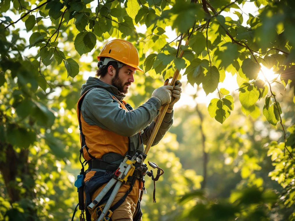 Boomverzorger in beschermende kleding snoeit vakkundig een tak in een grote boom, omringd door een verzorgde tuin in Almere met gereedschappen op de grond.