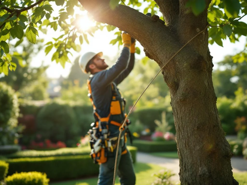 Vakkundige boomverzorger snoeit zorgvuldig een tak van een volwassen boom met professioneel gereedschap in een verzorgde Nederlandse tuin