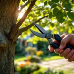 Vakkundige hovenier snoeit boomtak met precisie-snoeischaar in een perfect onderhouden tuin in Almere, professioneel tuingereedschap zichtbaar.