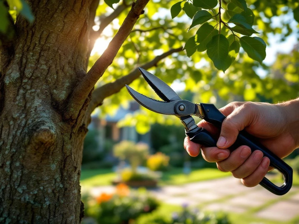 Vakkundige hovenier snoeit boomtak met precisie-snoeischaar in een perfect onderhouden tuin in Almere, professioneel tuingereedschap zichtbaar.