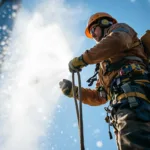 Boomverzorger voert snoeiwerk uit in majestueuze eik, gefotografeerd van onderaf tegen blauwe lucht. Zonlicht filtert door bladeren, professioneel klimmateriaal zichtbaar op de grond in Almere.