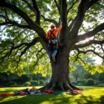 Professionele boomklimmer met veiligheidsuitrusting werkt in eikenboom in verzorgde tuin in Almere, met specialistische klimapparatuur zichtbaar.