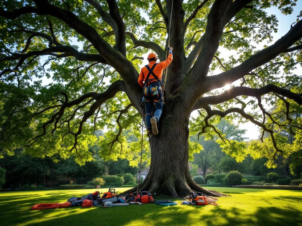 Professionele boomklimmer met veiligheidsuitrusting werkt in eikenboom in verzorgde tuin in Almere, met specialistische klimapparatuur zichtbaar.