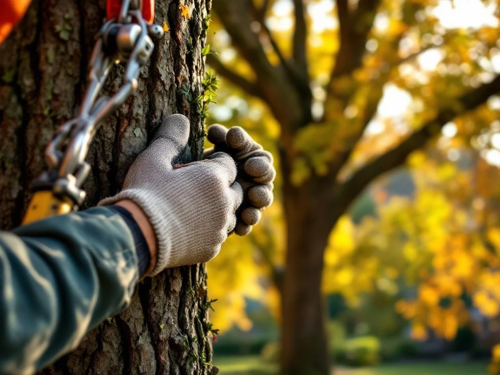 Handen van een professionele boomverzorger werken aan een eik in Almere, met specialistische apparatuur en herfstkleuren in een verzorgde tuin.