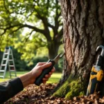 Vakkundige handen van een boomverzorger onderzoeken eikenschors met professioneel gereedschap in een verzorgde tuin in Almere