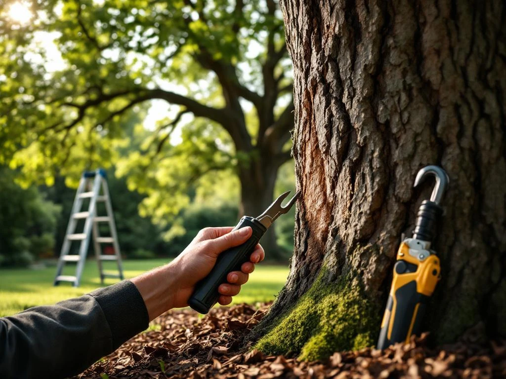 Vakkundige handen van een boomverzorger onderzoeken eikenschors met professioneel gereedschap in een verzorgde tuin in Almere