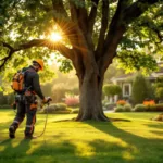 Professionele boomverzorger onderzoekt eikenboom in verzorgde tuin in Almere, met specialistische apparatuur onder gefilterd zonlicht