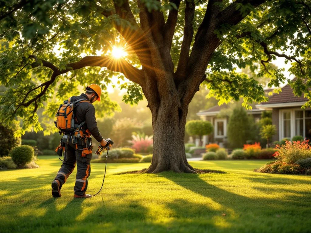 Professionele boomverzorger onderzoekt eikenboom in verzorgde tuin in Almere, met specialistische apparatuur onder gefilterd zonlicht