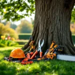 Professionele boomverzorgingsapparatuur naast een eikenstam in een verzorgde tuin in Almere, met snoeischaren, klimharnas, helm en kettingzaag.