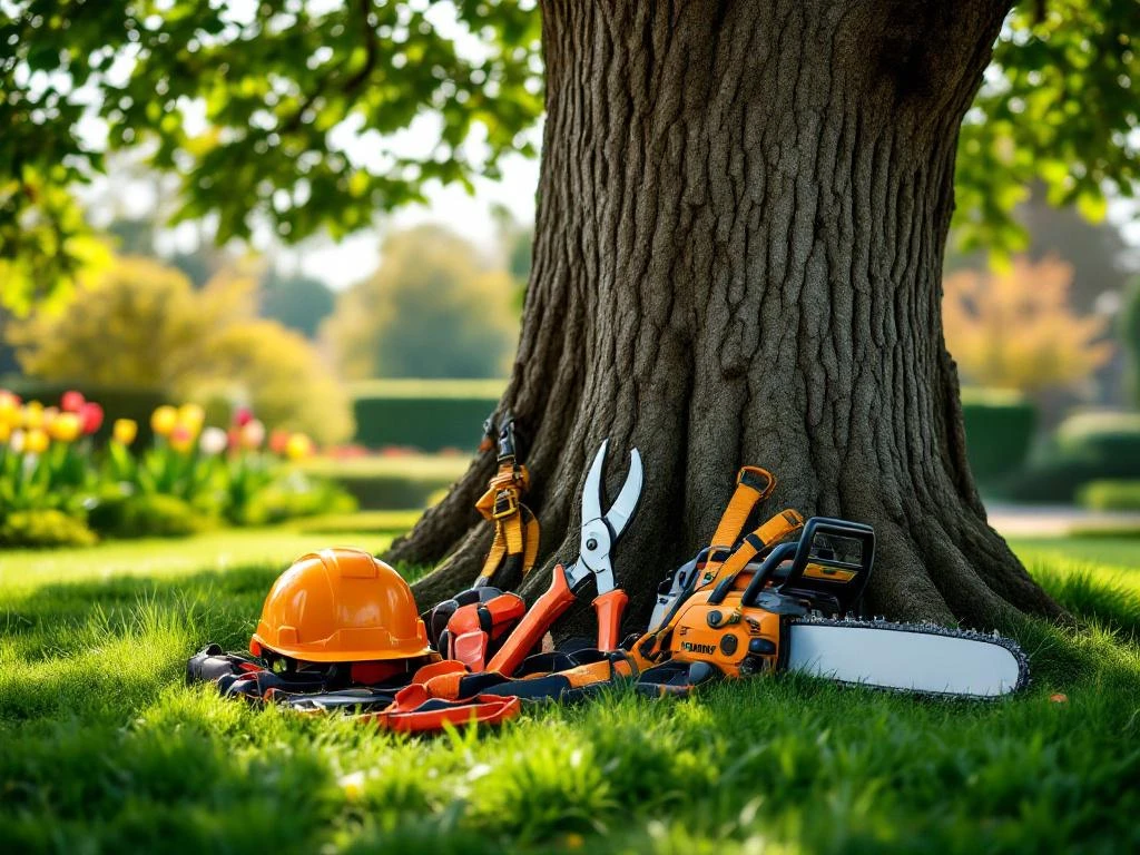 Professionele boomverzorgingsapparatuur naast een eikenstam in een verzorgde tuin in Almere, met snoeischaren, klimharnas, helm en kettingzaag.