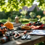 Professioneel boomverzorgingsgereedschap netjes gerangschikt op werkbank in Almere, met snoeischaren, kettingzaag, veiligheidsuitrusting en cursusmateriaal in een Nederlandse tuinsetting.