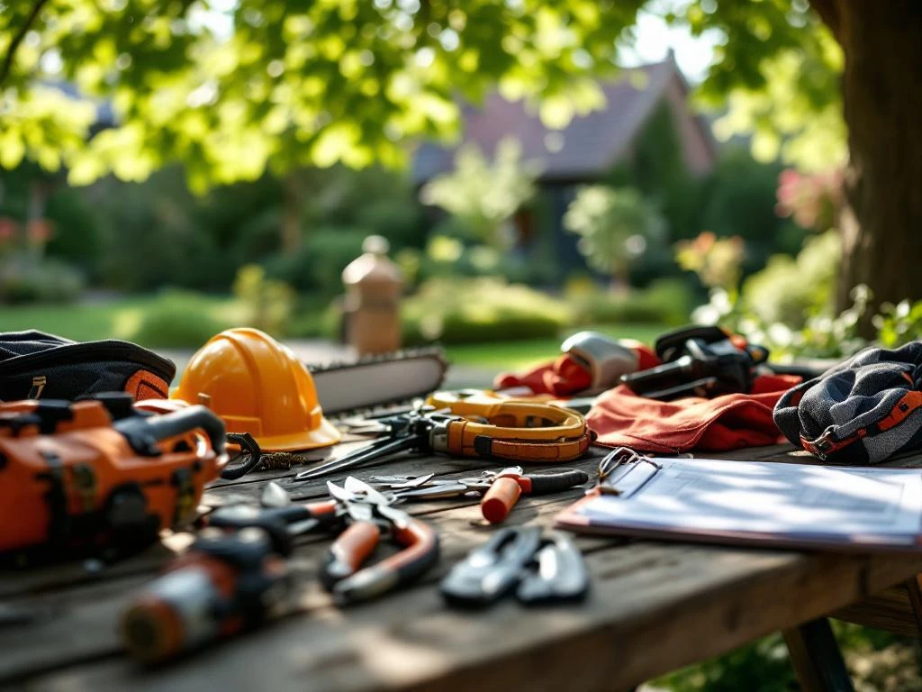 Professioneel boomverzorgingsgereedschap netjes gerangschikt op werkbank in Almere, met snoeischaren, kettingzaag, veiligheidsuitrusting en cursusmateriaal in een Nederlandse tuinsetting.