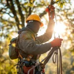 Professionele hovenier in veiligheidsuitrusting voert gespecialiseerd boomonderhoud uit in een eik, met klimmateriaal in een verzorgde tuin in Almere bij zonlicht.
