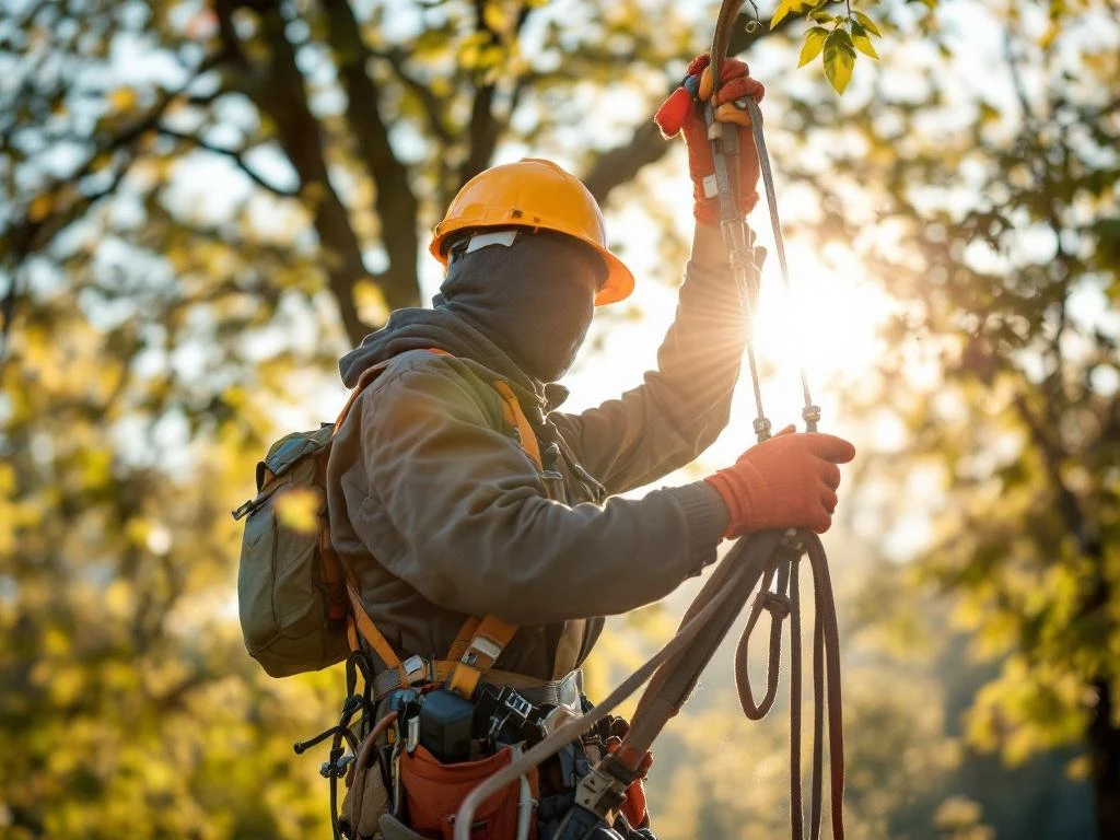 Professionele hovenier in veiligheidsuitrusting voert gespecialiseerd boomonderhoud uit in een eik, met klimmateriaal in een verzorgde tuin in Almere bij zonlicht.