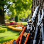 Professionele boomverzorgingsuitrusting tegen eikenstam in Almeers park, met snoeischaren en klimmateriaal in traditioneel Nederlands tuinlandschap.