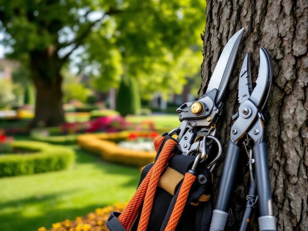 Professionele boomverzorgingsuitrusting tegen eikenstam in Almeers park, met snoeischaren en klimmateriaal in traditioneel Nederlands tuinlandschap.