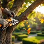 Gehandschoende handen die vakkundig een eikenboomtak snoeien met speciaal gereedschap in een verzorgde tuin in Almere, badend in gefilterd zonlicht.