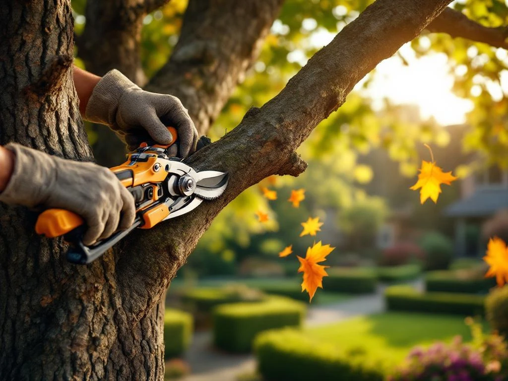Gehandschoende handen die vakkundig een eikenboomtak snoeien met speciaal gereedschap in een verzorgde tuin in Almere, badend in gefilterd zonlicht.